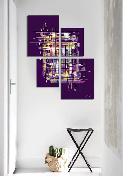 4 piece painting by Jo Diquez 4 Piece Canvas Art Abstract, 3 Piece Canvas Art Diy Easy, 4 Piece Canvas Art, Purple Paintings, Purple Abstract Painting, Purple Painting, Painting Purple, Acrylic Painting Ideas, 3 Piece Painting