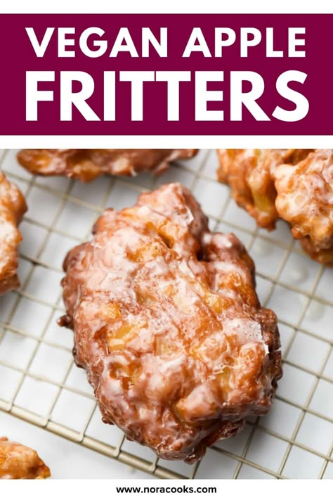 Apple Fritters are easy to make at home in 30 minutes or less with NO yeast! These crunchy, sweet donuts are vegan but no one would guess it. Full of fresh apples! Vegan Apple Fritters, Air Fryer Donuts, Nora Cooks, Patisserie Vegan, Vegan Pastries, Fritters Recipe, Apple Fritter, Vegan Donuts, Vegan Baking Recipes