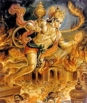 Hanuman burns Lanka with his tail on fire More Ramayana Story, Ram Hanuman, Hanuman Ji Wallpapers, Rama Image, Arte Yoga, Lord Rama Images, Hanuman Chalisa, Bhakti Yoga, Shri Hanuman