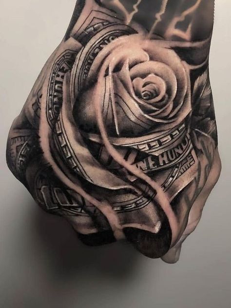 Money Rose Tattoo. Best Hand Tattoos, Hand Tattoos For Men, Money Rose Tattoo, Unique Hand Tattoos, Herren Hand Tattoos, Hand Tattoo Designs, Chicanas Tattoo, Rose Hand Tattoo, Guys Tattoos