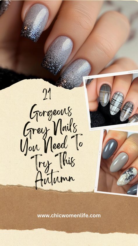 21 Gorgeous Grey Nails You Need To Try This Autumn Nails With Gray Design, Gray Dip Powder Nails Ombre, Grey Dipped Nails Ideas, Grey Color Nails Designs, Fall Nails Grey Shades, Grey Dip Nails Ideas, Fall Gray Nails Ideas, Gray And Silver Nail Designs, Gray Sns Nails