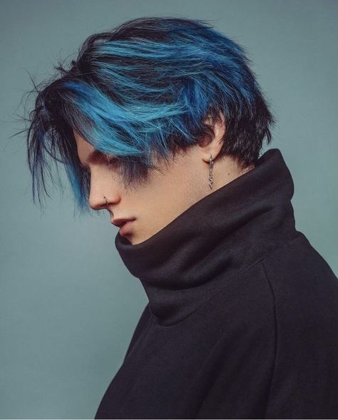 Long Colored Hair Men, Long Hair Men Highlights, Men Blue Hair Color, Dyed Hairstyles For Men, Guy With Blue Hair Aesthetic, Men’s Blue Hair, Color Hair Ideas For Men, Black Blue Hair Men, Colorful Mens Hair