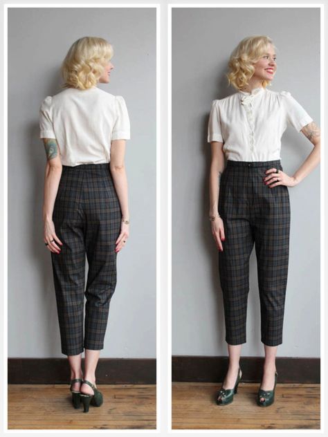 1950s Clothes Women, 1950s Aesthetic Fashion, 60s Trousers, Checkered Pants Outfit, 1960s Outfit, 1960s Pants, Women Pants Outfit, Checkered Outfit, Vintage Clothing Boutique