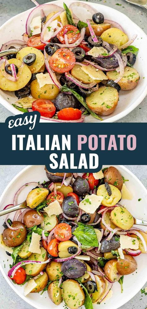 This Italian Potato Salad is a must-try! Packed with tender baby potatoes, juicy cherry tomatoes, and fresh herbs, it’s the perfect summer dish. #ItalianRecipe #PotatoSalad #SummerSalad #FreshHerbs #EasyRecipes Italian Potatoes Salad, Potato Salad With Tomatoes, Summer Clean Eating, Cold Dish Recipes, Different Types Of Salads, Italian Potato Salad Recipe, Quick Potato Salad, Italian Potato Salad, Healthy Potato Salad