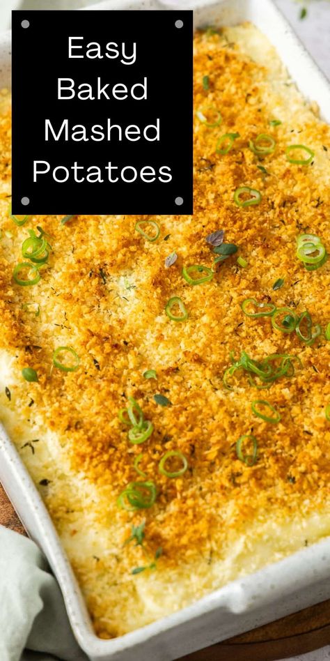 This Baked Mashed Potatoes are likely to become your go-to make-ahead side dish. I have found that most people love mashed potato, and this easy recipe takes the perennial favourite to new heights of deliciousness. Smooth, creamy mashed potatoes are added to a large casserole dish, topped with buttery breadcrumbs seasoned with fresh thyme and grated Parmesan, then baked until the top is golden and crisp. It is a great side dish that sits happily beside all protein. Parmesan Crusted Mashed Potatoes, Potato Side Dishes Make Ahead, Mashed Potato Au Gratin, Make Ahead Potato Recipes Side Dishes, Grated Potato Recipes, Make Ahead Mashed Potatoes Recipe, Potato Side Dishes Easy, Make Ahead Mashed Potatoes, Parmesan Mashed Potatoes