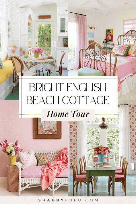 Bright English Beach Cottage Style In California - Home Tour California Cottage Style, Key West Style Homes Interior, Colorful Coastal Interiors, Beach Cottage Flooring, Spring Cottage Interior, Happy House Aesthetic, Whimsy Interior Design, Tiny Coastal Cottage, Tiny Beach Cottage Interior