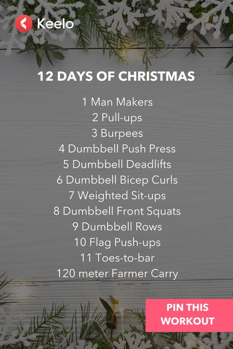 A 12 Days of Christmas LIGHT EQUIPMENT Workout, just in time for the holidays! All you need are a pair of dumbbells. How fast can you complete this? For more HIIT workouts and access to personalized training, download the Keelo app! #athomeworkout #HIIT #keelo Advent Workout Challenge, Christmas Fitness Challenge, Holiday Workout Challenge, Christmas Crossfit Workout, 12 Days Of Christmas Workout Crossfit, Calisthenic Workouts, 12 Days Of Christmas Workout, Work Workouts, July Workout