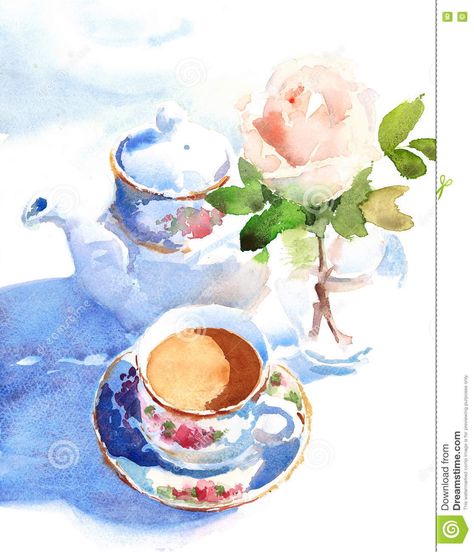 Watercolor Morning Breakfast Coffee Rose Illustration Hand Drawn Stock Illustration - Image: 66116594 Tea Time Watercolor, Tea Time Painting, Tea Time Illustration, Watercolor Tea, Happy Watercolor, Tea Illustration, Invite Ideas, 수채화 그림, Morning Tea