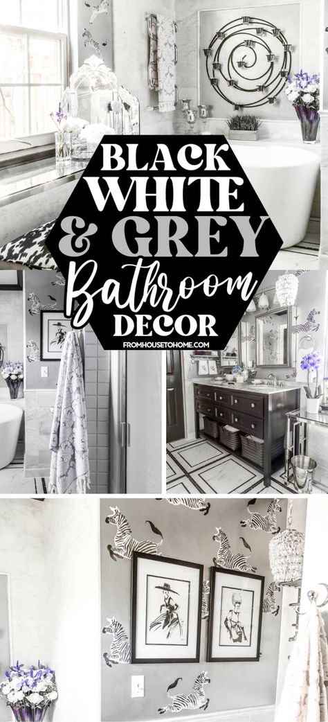 Black, White And Grey Bathroom Makeover Ideas | Bathroom Remodel Black And White Bathroom Shower Curtain Decorating Ideas, Black White Gray Master Bath, Bathroom Decor Ideas Gray, Black Gray And White Bathroom, Black And White Bathroom Ideas Decor, Gray Black And White Bathroom, Gray And Black Bathroom, Black White Grey Bathroom, Timeless Remodel