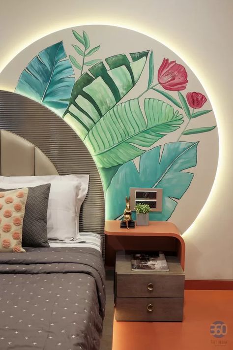 2BHK Minimal Yet Luxurious Residence Inspired By Natural Elements And Shapes | 360 Feet Design - The Architects Diary Hall Wall Painting Ideas, Latest Bedroom Designs, Hone Decor, Bedroom Concept, Balcony Makeover, Hall Entrada, Corner Bed, Karol Bagh, Aesthetic Interior Design