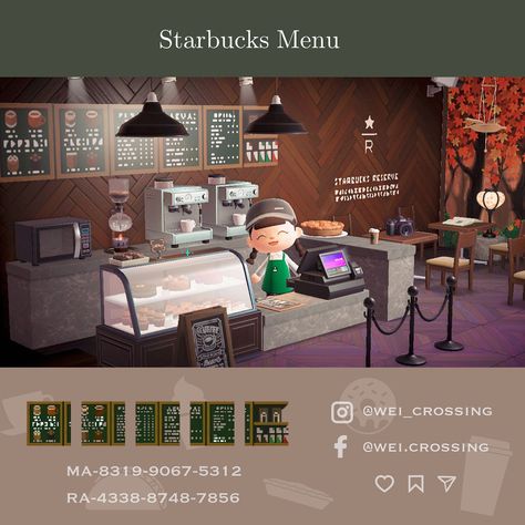 Starbucks Menu design code Acnh Starbucks Design Codes, Acnh Starbucks Design, Starbucks Customer Connection Ideas, Acnh Starbucks Codes, Starbucks Menu Design, Starbucks Acnh, Animal Crossing Starbucks, Starbucks Code, Animal Crossing Coffee