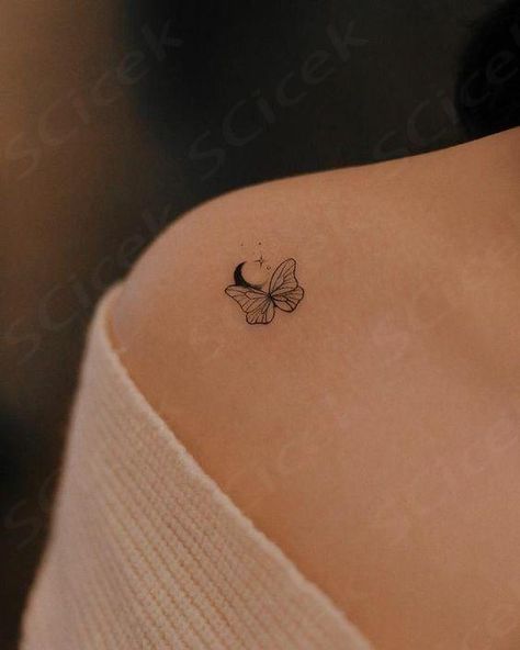 Minimal tattoo ; : ♡♤◇♧☆○ butterfly moon Butterfly Planet Tattoo, Moon And Butterfly Tattoo, Moon Butterfly Tattoo, Butterfly And Moon Tattoo, Minimalist Moon Tattoo, Butterfly Moon Tattoo, Moon Tattoo Minimalist, Minimalist Butterfly Tattoo, Cute Simple Tattoos