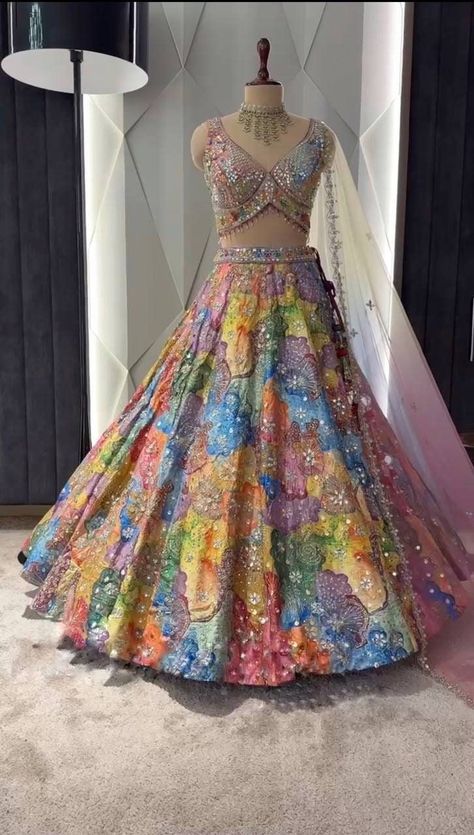 Multicolour Lehenga, Lehenga With Mirror Work, Multi Color Lehenga, Lehenga Type, Flared Lehenga, Indian Closet, Latest Bridal Lehenga Designs, Haldi Dress, Mehndi Outfit