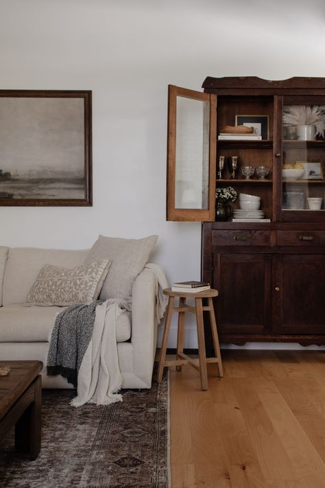 Castle Kitchen, Nadine Stay, Living Room Refresh, Antique Living Room, White Brick Fireplace, Dark Wood Furniture, Antique Side Table, White Couches, Room Refresh