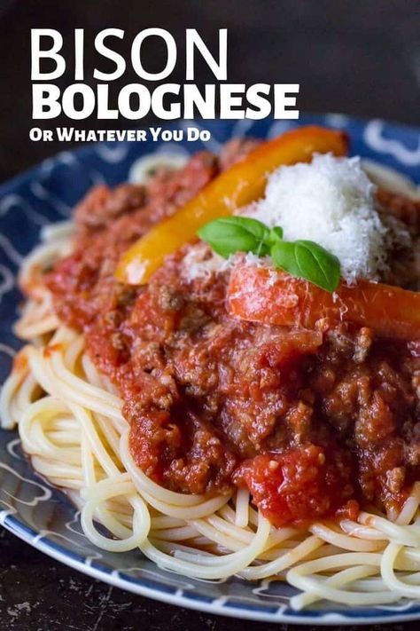 Bison Bolognese Recipe - Homemade spaghetti with meat sauce recipe Bison Bolognese, Spaghetti With Meat Sauce, Spaghetti With Meat, Meat Sauce Recipe, Bison Recipes, Bison Meat, Dinner Favorites, Meat Sauce Recipes, Big Families