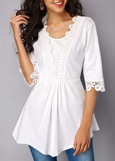 White Shirt With Lace, Blouse Dress Outfit, Stylish Tops For Girls, Formal Blouses, Tops For Women Casual, Shirt With Lace, Tops Trendy, Casual Skirt Outfits, Trendy Tops For Women