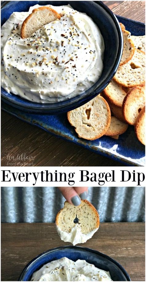 Everything Bagel Dip - An Affair from the Heart --A creamy dip made with everything bagel spice. Serve it with bagel chips! I dare you to try and leave it alone! Bake Appetizers, Bagel Chips Recipe, Everything Bagel Dip, Hearty Appetizers, Bagel Dip, Recipe Appetizers, Chicory Recipe, Bagel Chips, Salsa Recipes