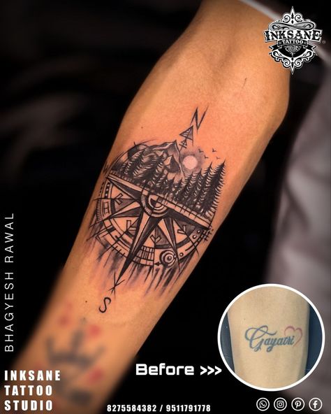 Coverup Tattoo Design For Man Arm, Compass Tattoo Cover Up, Compas Tattoo, Compass And Map Tattoo, Tatuaje Cover Up, Underarm Tattoo, Compass Tattoos, Cute Owl Tattoo, Bicep Tattoo Men