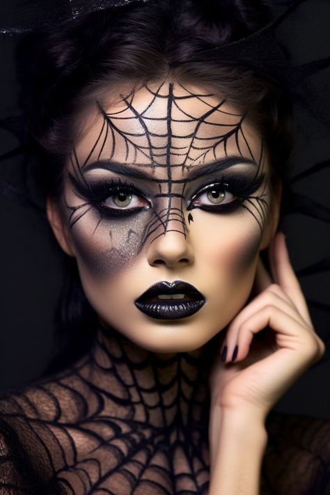 Halloween Spiderweb Sophisticate makeup inspired by spooky forest ambiance Spiderweb Halloween Makeup, Halloween Spiderweb Makeup, Cobweb Makeup, Spiderweb Costume, Spider Makeup Halloween, Spiderweb Fashion, Halloween Makeup Looks Spider Web, Spider Make Up Eye Makeup, Goth Makeup Spiderweb