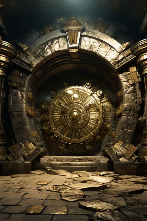 Try this in Midjourney : imagine a vault filled with gold bars and jewels. The vault is ancient stone and mystical in appearance. The vault has one entrance and one exit. The style is in old renaissance. Fantasy Vault Art, Fantasy Stone City, Fantasy Vault, Money Vault, Gold Building, Gold Vault, Stone City, Beyond The Horizon, Ancient Stone