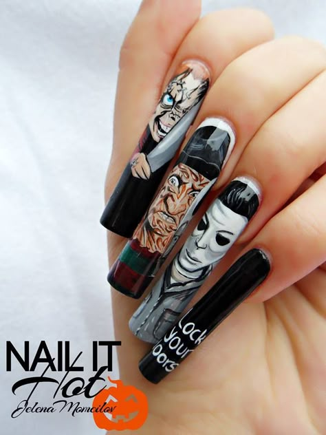 Freddy Krueger Nail Art, Micheal Myers Nail, Halloween Nails Michael Myers, Michael Myers Nail Art, Freddy Krueger Nails Acrylic, Michael Myers Nails Acrylic, Freddy Nails, Chucky Nails Acrylic, Chucky Nail Art