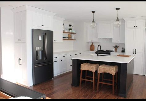 Black Fridge In Kitchen, White Kitchen Black Fridge, Black Fridge In White Kitchen, Black Fridge Kitchen Ideas, White Cafe Fridge Black Handles, Black Frigerator In Kitchen, Kitchen With Black Fridge, Black Fridge White Kitchen, Matte Black Fridge Kitchen