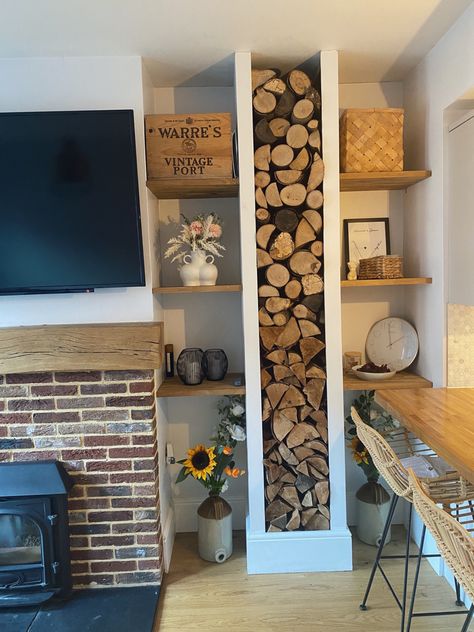 Fireplace Tv Wall Wood Storage, Log Storage Alcove, Fireplace And Wood Storage, Lounge Log Store, Log Storage Next To Fireplace, Media Wall With Log Storage, Log Burner Storage, Log Store Next To Fireplace, Fireplace Built Ins With Wood Storage