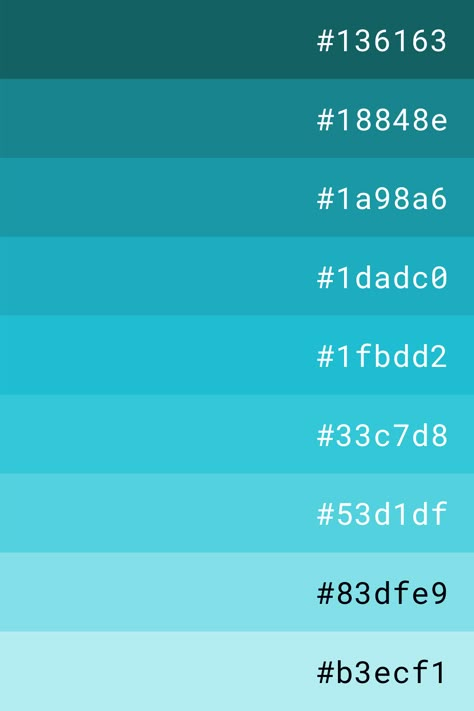 Cyan Colour Palette, Ponytown Color Codes, Cyan Color Palette, Color Palette With Hex Codes, Pallete Color, Cyan Color, Html Color Codes, Gradient Color Design, Hex Color