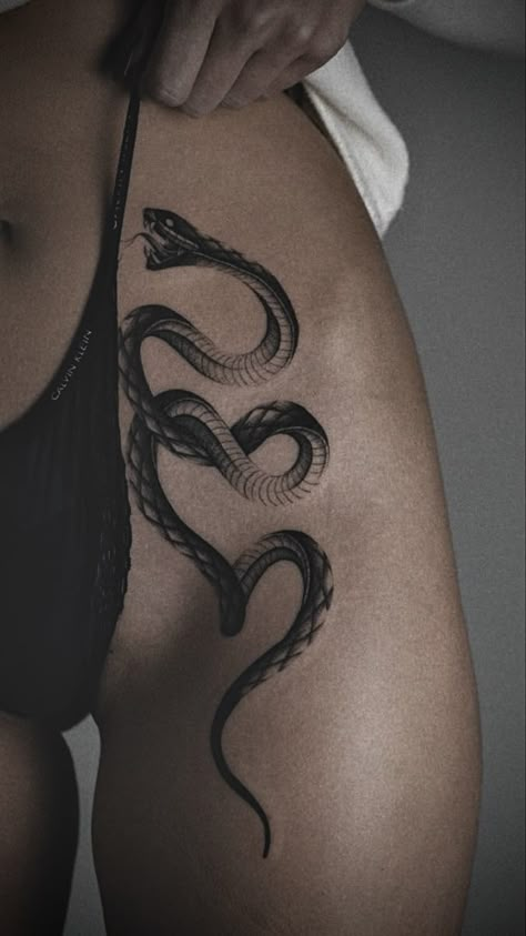 Viper Tattoos For Women, Deathcore Tattoo, Snake Spine Tattoo, Cute Thigh Tattoos, Lower Leg Tattoos, Tattoo Snake, Wicked Tattoos, Hip Tattoos Women, Thigh Tattoos Women