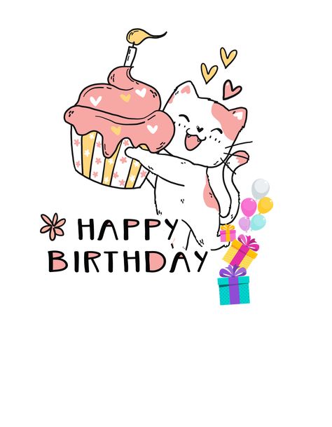 Happy Birthday Cat with cupcake birthday gift for cat lover. Happy Birthday Card Illustration, Happy Birthday Wishes With Cats, Happy Birthday Cat Drawing, Cat Birthday Illustration, Cute Cat Birthday Cards, Happy Birthday Design Art, Happy Birthday Wishes Cartoon, Happy Birthday Cats Cute, Happy Birthday Cute Images