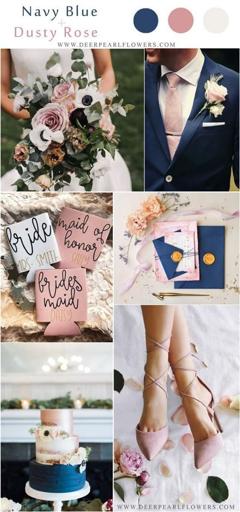 Blue And Dusty Rose Wedding, Dusty Rose Wedding Colors, Vintage Wedding Colors, Navy Wedding Flowers, Wedding Themes Summer, Pearl Flowers, Bridesmaid Colors, Dusty Rose Wedding, Blue Themed Wedding