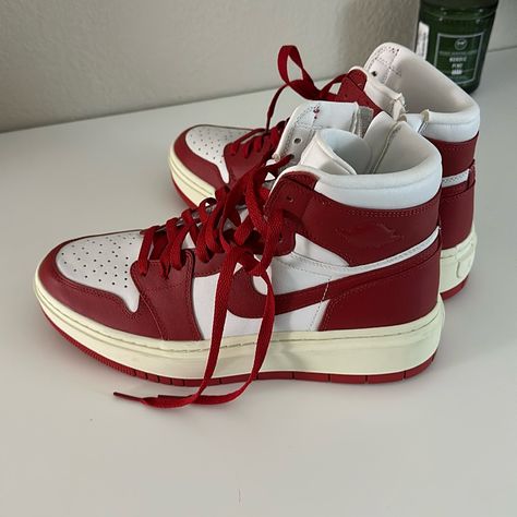 Nike Platform Jordans In Varsity Red Basically Brand New! Probably Worn Once! Jordan Platform, Red Nicke Shoes, White And Red Shoes, Nike Red Shoes, Red Nike Aesthetic, Red Nikes, Nike Red, Nike Jordan Shoes In Red, Red Jordans Aesthetic