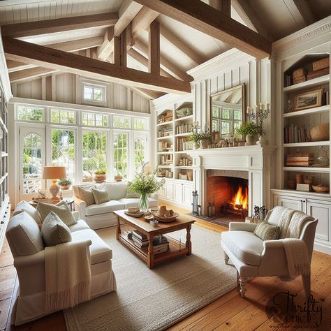 Cottage House Living Room, Vaulted Living Room With Fireplace, Cottage Homes Interior Living Rooms, White Cottage Living Room, New England Style Living Room, Southern Living Room, Cottage Living Room Decor, Cottage Farmhouse Living Room, Living Room Decor White