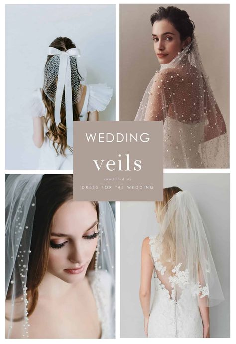 A collage of 4 images of various styles of wedding veils Bridal Veil Inspiration, Wedding Veil Boho, Veils Bridal Hair Down, Bridal Veil Ideas, Wedding Veil Hairstyles, Veil Length Guide, Veil Lengths, Veil Hair Piece, Types Of Veils