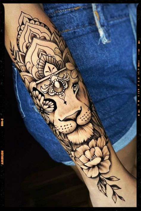 Forearm Tattoo Inspiration Tattoo Idea Forearm Female, Lioness Hand Tattoo For Women, Forearm Animal Tattoo, Kenji Tattoo, Lion Mandala Tattoo For Women, Designer Tattoo Ideas, Lion Tattoo Design Feminine, Forearm Tattoo Ideas Female, Female Forearm Tattoo