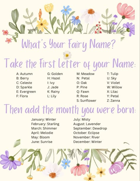 What Is Your Fairy Name, What’s Your Fairy Name, Fairy Party Games Activities, Fairy Garden 5th Birthday Party, Fairy 6th Birthday Party, Fairy Games For Party, Fairy First Birthday Party Decoration Diy, Fairy First Birthday Party Ideas, Fairy First Birthday Party Decoration