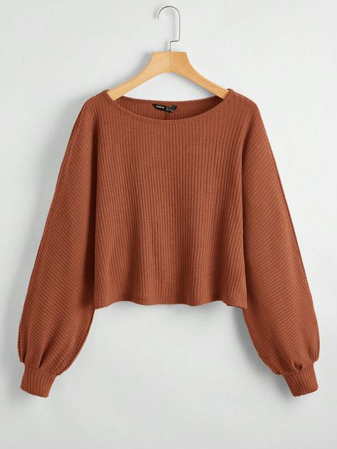 Women's Solid Color Batwing Sleeve Loose Casual Crew Neck Sweatshirt, Spring/Autumn Fall Top Brown Casual  Long Sleeve Knitted Fabric Plain  Slight Stretch Spring/Fall Women Clothing, size features are:Bust: ,Length: ,Sleeve Length: Soft Oversized Sweaters, Fall Sweaters For Teens, Terracotta Fall Outfits, Cute Fall Clothes For Teens, Cute Sweaters For Women, Oversized Fall Sweater, Deep Autumn Fashion, Cute Fall Sweatshirts, Cute Knitted Sweaters