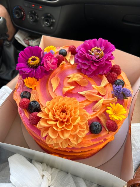 Pink And Orange Birthday Cake, Hens Cake, Pink And Orange Cake, Ombre Birthday Cake, Birthday Cake Flowers, Orange Birthday Cake, Colourful Cake, Bright Cakes, Purple Cakes Birthday