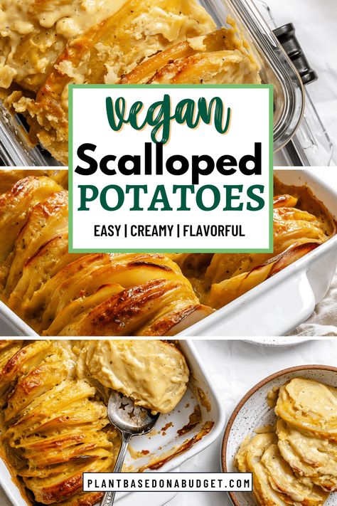 These are the best Vegan Scalloped Potatoes! Cheesy, creamy, and easy to make with less than 10 ingredients, they’re a crowd-pleasing side dish to serve during the holidays or year-round. Vegan Scalloped Potatoes, Vegan Potato Recipes, Side Dishes For Ham, Scalloped Potatoes Easy, Scalloped Potatoes Cheesy, Healthy Plant Based Recipes, Scalloped Potato Recipes, Vegan Thanksgiving Recipes, Potatoe Casserole Recipes