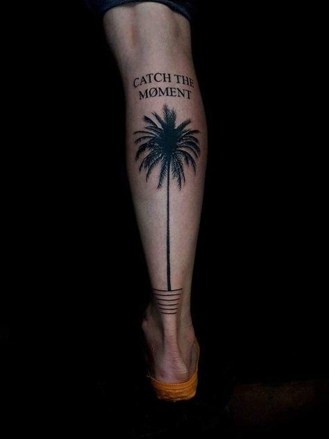 Palm Tree Leg Tattoo Men, Speak Your Mind Tattoo, Back Of Calf Tattoo Men, Simple Leg Tattoo Men, Surfer Tattoo Men, Palm Tree Tattoo Men, Leg Tattoo Men Ideas, Simple Leg Tattoos, Beachy Tattoos