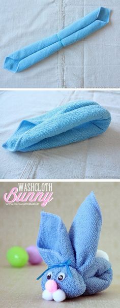 Washcloth Bunny Kid’s Craft - That's What {Che} Said... Washcloth Bunny, Origami For Kids Animals, Boo Boo Bunny, Washcloth Animals, Towel Origami, Bunny Tutorial, Washcloth Crafts, Hadiah Diy, Towel Animals