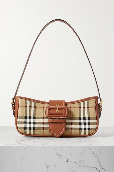 Shop or share your style of the product on ModeSens! Burberry's bag has a sleek, '90s-inspired silhouette. It's been made in Italy from the label's archival checked coated-canvas with smooth leather trims and just enough space inside for the essentials. Gabardine Fabric, Checked Coat, Modern Monogram, Check Coat, Pretty Bags, Brown Canvas, Burberry Women, Canvas Shoulder Bag, Cute Bag