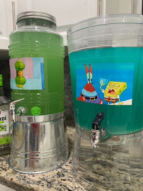 Kelp Juice Drink Spongebob, Sponge Bob Birthday Party Ideas For Adults, Diet Dr Kelp Spongebob, Kelp Juice Spongebob, Spongebob Themed Wedding, Spongebob Treats Diy, Spongebob Birthday Activities, Spongebob Bachelorette Theme, Spongebob Party Drinks