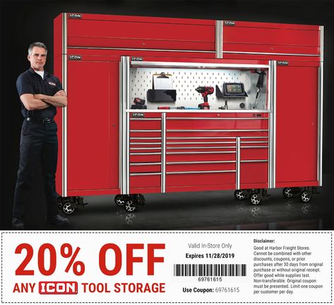 Tool truck quality. Unbeatable prices. Experience our new line of ICON tools and storage at a Harbor Freight location near you and save 20% off any ICON tool storage with coupon code 69761615, now through 11/28/19. Learn more here: https://bit.ly/33UnDj2 Icon Tool Storage, Harbor Freight Tool Box Ideas, Harbor Freight Tool Box, Tool Drawers, Key Icon, Harbor Freight Tools, Overhead Storage, Harbor Freight, Garage Ideas