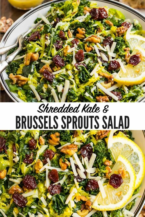 This chopped Kale and Brussels Sprouts Salad with maple vinaigrette, Parmesan, and dried cranberries or cherries is healthy, stunning, and absolutely delicious! It keeps well in the refrigerator, so it's great for meal prep, holiday side dishes, and entertaining. Grilled Chicken Side Dishes, Kale Brussel Sprout Salad, Grilled Chicken Sides, Salad With Maple Vinaigrette, Kale Apple Salad, Maple Vinaigrette, Well Plated, Brussels Sprouts Salad, Chopped Kale