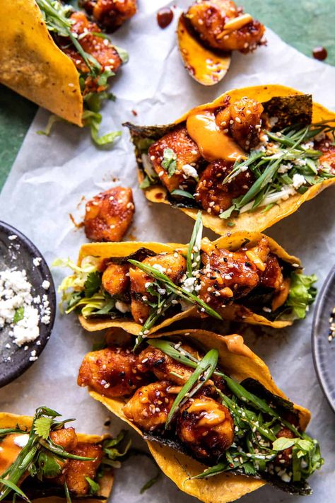 Crispy Sesame Ginger Chicken Tacos | halfbakedharvest.com Sesame Ginger Chicken, Sweetcorn Fritters, Salat Wraps, Pineapple Shrimp, Half Baked Harvest Recipes, Fancy Dinner Recipes, Homemade Crunchwrap Supreme, Sesame Ginger, Ginger Chicken