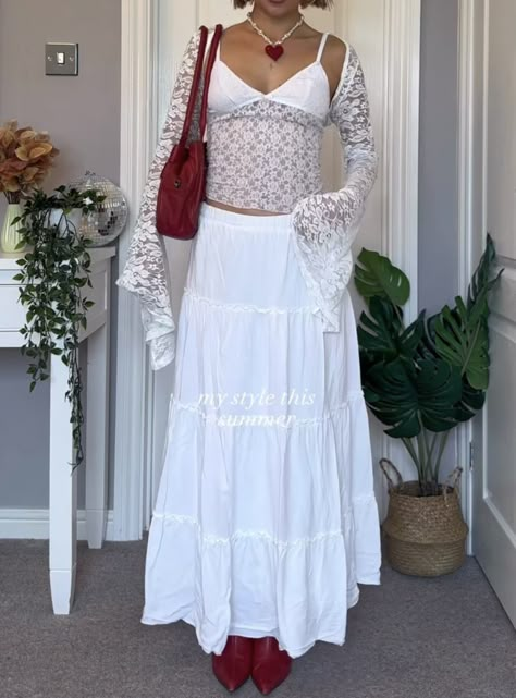 @chlodavie Maxi Skirt With Long Sleeve Top, Layered Flowy Outfits, White Flowy Outfit, White Flowy Mini Skirt Outfit, Long White Skirt Boho, Flowy Long White Skirt, White Fairy Skirt, White Concert Outfit, White Hippie Maxi Skirt With Flowy Fit