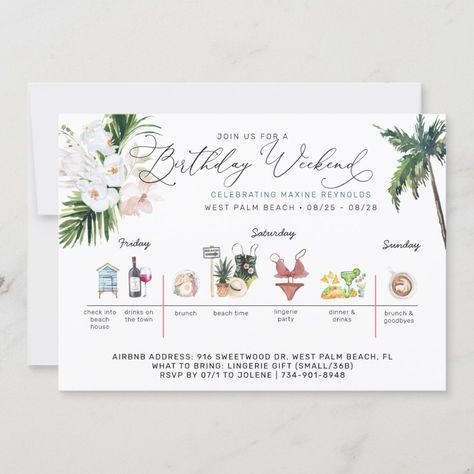 Birthday Weekend Itinerary  Palm Beach Invitation  Zazzle 30th Birthday Airbnb, Destination Birthday Invitations, Destination Birthday Party, Birthday Weekend Itinerary, Fort Nite, Wedding Weekend Itinerary, Beach Invitations, Bachelorette Weekend Itinerary, Bridal Brunch Invitations