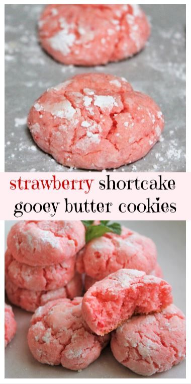 Tender, but chewy easy-to-make Strawberry Shortcake cookies.  A take on the Paula Deen cake-mix cookies. MyRecipeReviews.com  #PaulaDeen #strawberry #cookies Brownies Chewy, Shortcake Cookies, Strawberry Cake Mix Cookies, Cake Mix Brownies, Mousse Au Chocolat Torte, Strawberry Shortcake Cookies, Shortcake Biscuits, Gooey Butter Cookies, Strawberry Shortcakes