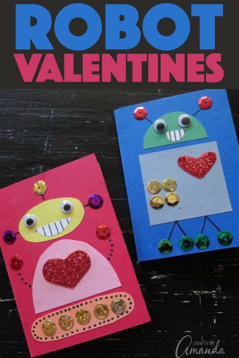 These cute robot Valentines are perfect for any child, boy or girl! Use supplies such as construction paper and glitter to create your own robot designs. #kidscrafts #valentinesday #valentines #valentinesdaycrafts #homemadecards #giftideas #constructionpaper Robot Valentine Cards, Valentine Robot, Robot Valentines, Preschool Valentine Cards, Robot Designs, Valentines Kids, Robot Craft, Card Making Ideas Easy, Homemade Valentines Day Cards